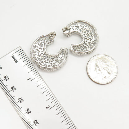 925 Sterling Silver C Z Ornate Crescent Moon Earrings