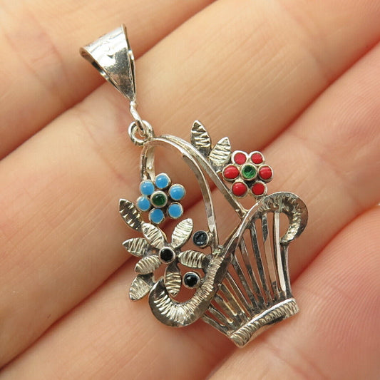 925 Sterling Silver Colorful Enamel Floral Basket Pendant