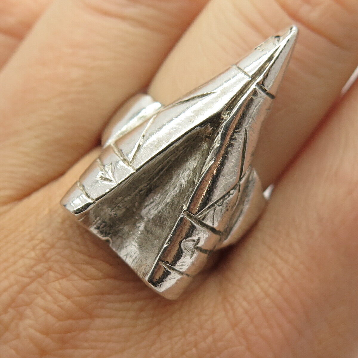 925 Sterling Silver Vintage Tribal Teepee Wide Adjustable Ring Size 7 3/4