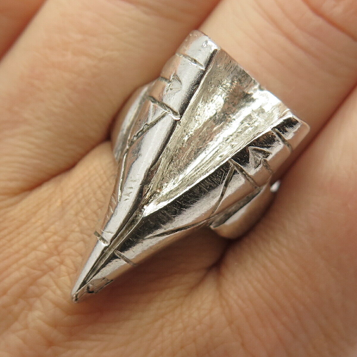 925 Sterling Silver Vintage Tribal Teepee Wide Adjustable Ring Size 7 3/4