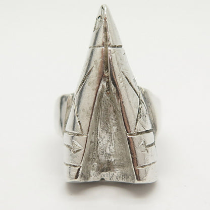 925 Sterling Silver Vintage Tribal Teepee Wide Adjustable Ring Size 7 3/4