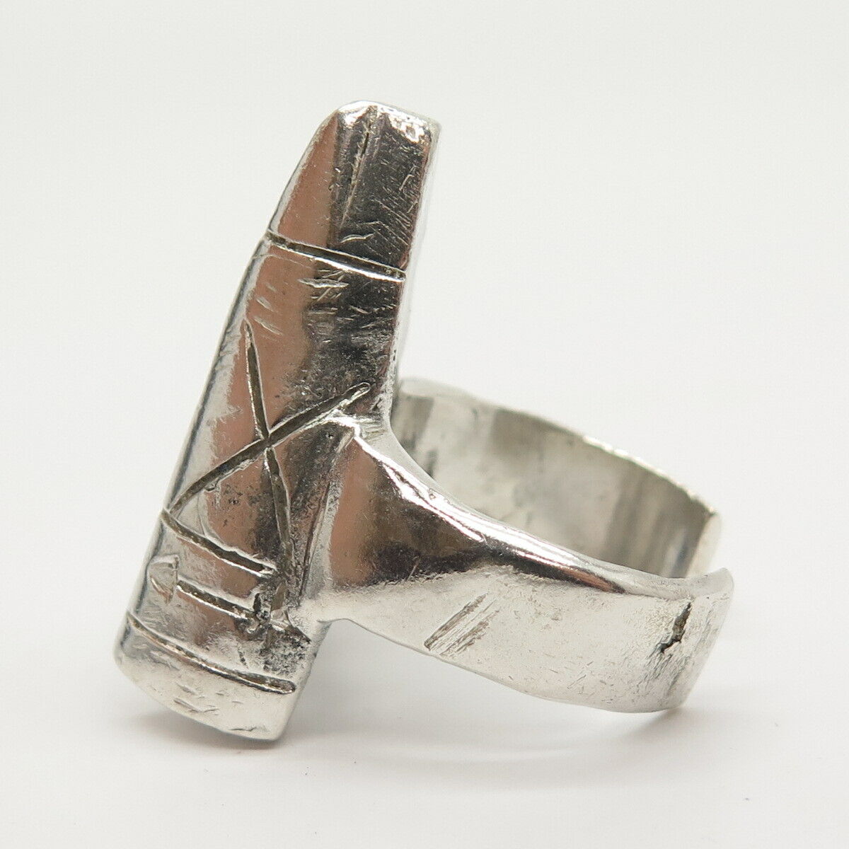 925 Sterling Silver Vintage Tribal Teepee Wide Adjustable Ring Size 7 3/4