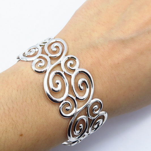 925 Sterling Silver Swirl Design Wide Cuff Bracelet 6 3/4"