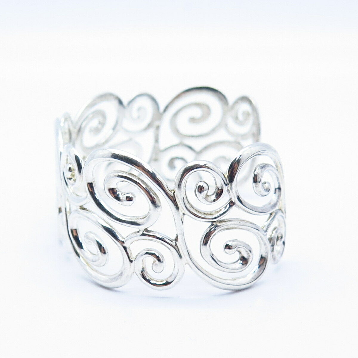 925 Sterling Silver Swirl Design Wide Cuff Bracelet 6 3/4"