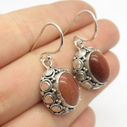 925 Sterling Silver Suarti Bali Goldstone Glass Boho / Ethnic Dangling Earrings