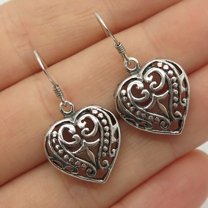 925 Sterling Silver Ornate Heart Dangling Earrings