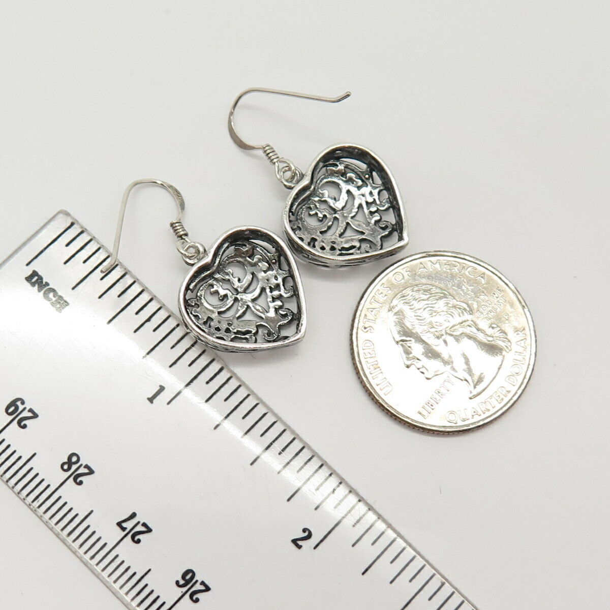 925 Sterling Silver Ornate Heart Dangling Earrings