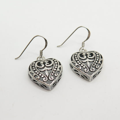 925 Sterling Silver Ornate Heart Dangling Earrings