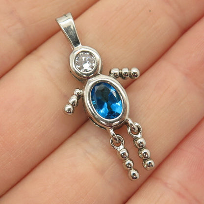 925 Sterling Silver White & Blue Topaz-Tone C Z Stick Person Dangling Pendant