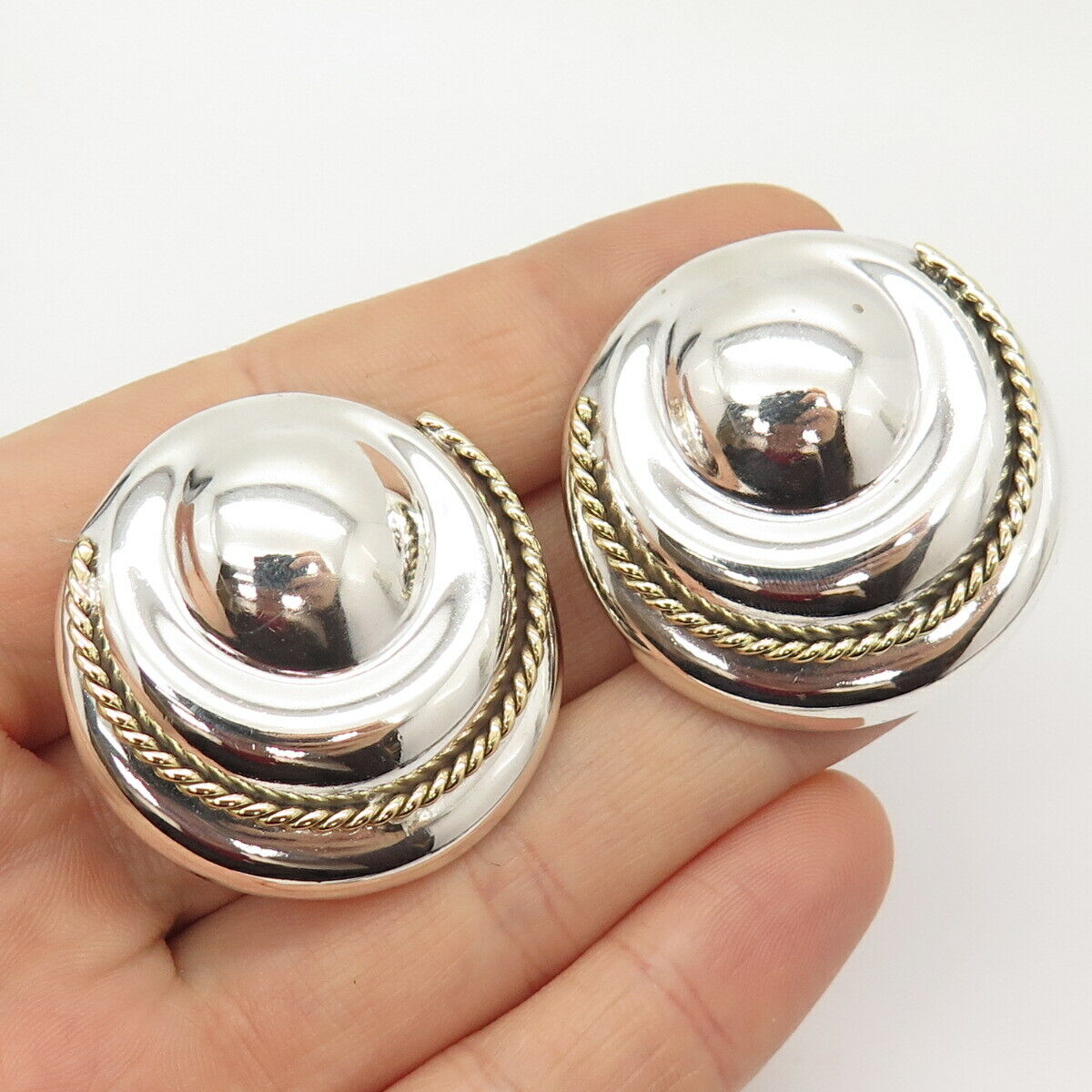 925 Sterling Silver 2-Tone Vintage Mexico Twisted Puffy Clip On Earrings