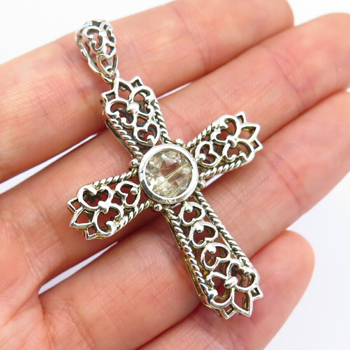 925 Sterling Silver Real Rutilated Quartz Heart Design Cross Pendant