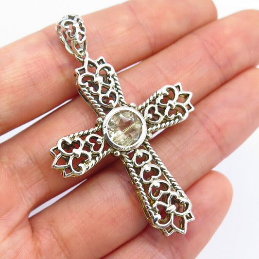 925 Sterling Silver Real Rutilated Quartz Heart Design Cross Pendant