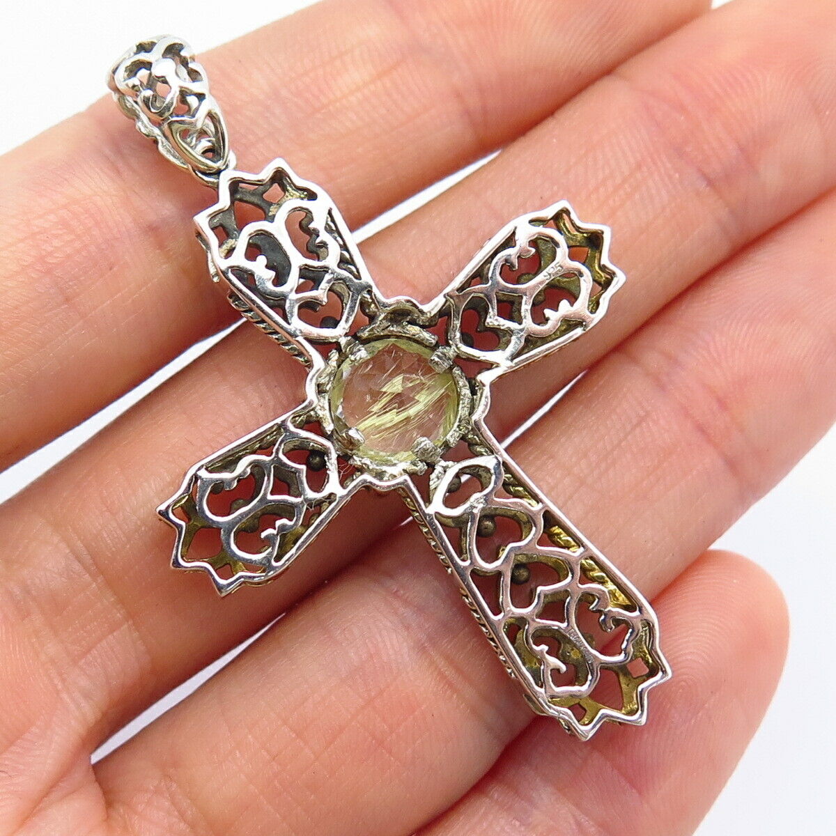 925 Sterling Silver Real Rutilated Quartz Heart Design Cross Pendant