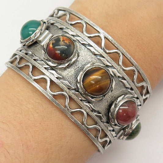 925 Sterling Silver Vintage Multi-Color Gemstone Wide Cuff Bracelet 6.5"