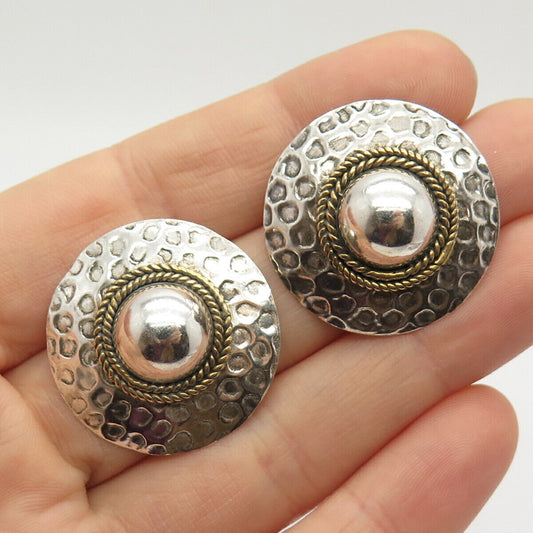 925 Sterling Silver 2-Tone Vintage Mexico Hammered Finish Round Earrings