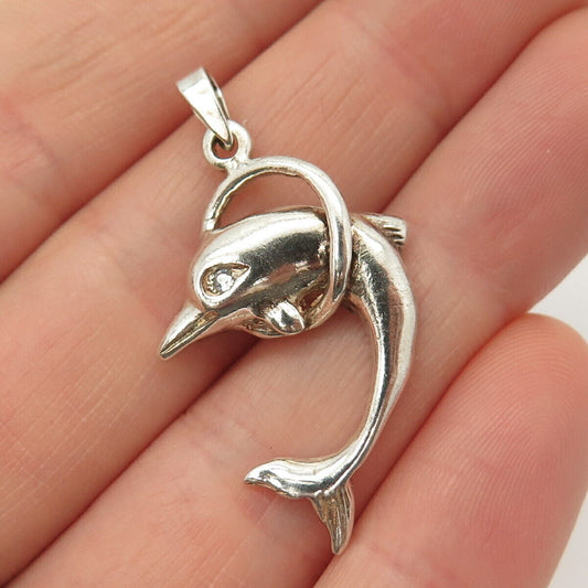 925 Sterling Silver C Z Friendly Dolphin Design Pendant