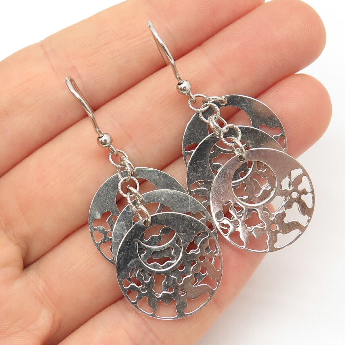 925 Sterling Silver Carved Round Dangling Earrings