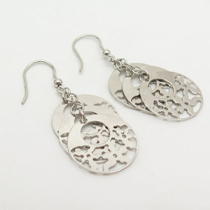 925 Sterling Silver Carved Round Dangling Earrings