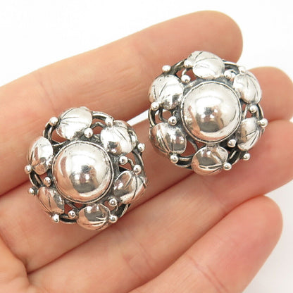 925 Sterling Silver Vintage Floral Round Screw Back Earrings