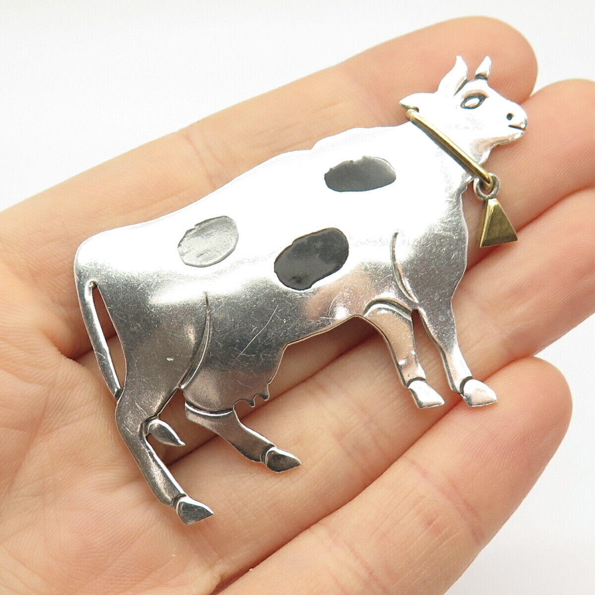 925 Sterling 2-Tone Vintage Mexico Black Onyx Gem Cow Pin Brooch / Pendant