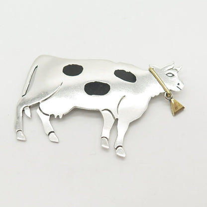 925 Sterling 2-Tone Vintage Mexico Black Onyx Gem Cow Pin Brooch / Pendant