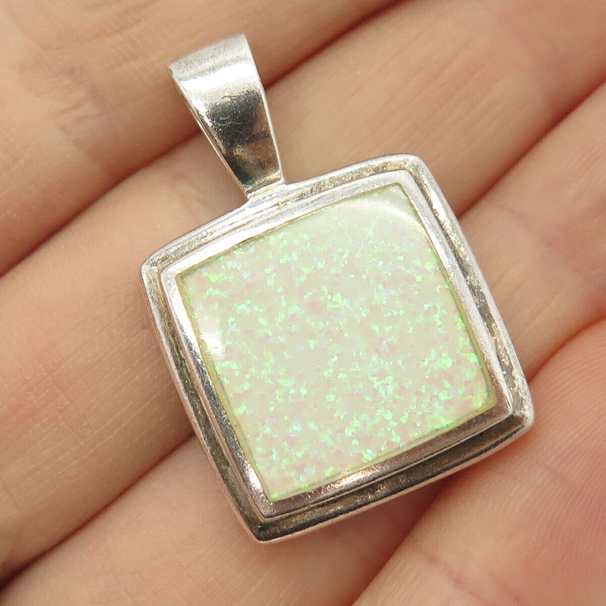 925 Sterling Silver Opal Imitation Square Pendant