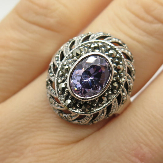 925 Sterling Silver Vintage Real Marcasite Gem & Lavender C Z Ring Size 6 3/4