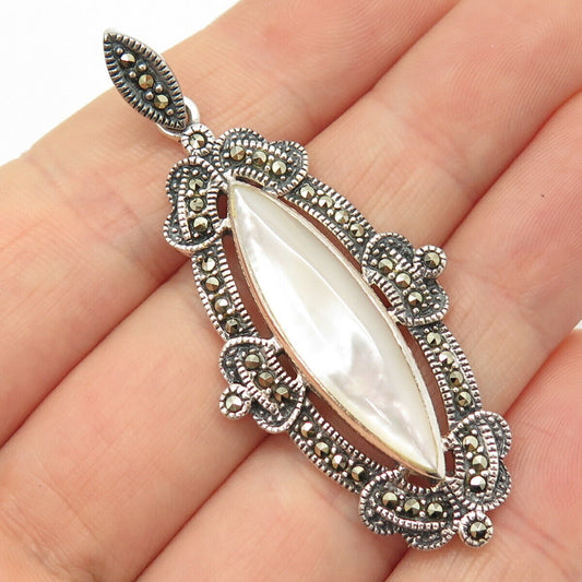 925 Sterling Silver Real Mother-of-Pearl & Marcasite Gemstone Oval Pendant