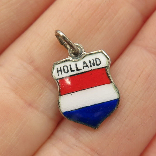 925 Sterling Silver Vintage Colorful Enamel "Holland" Flag Charm Pendant