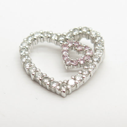 925 Sterling Silver White & Pink C Z Double Open Heart Slide Pendant