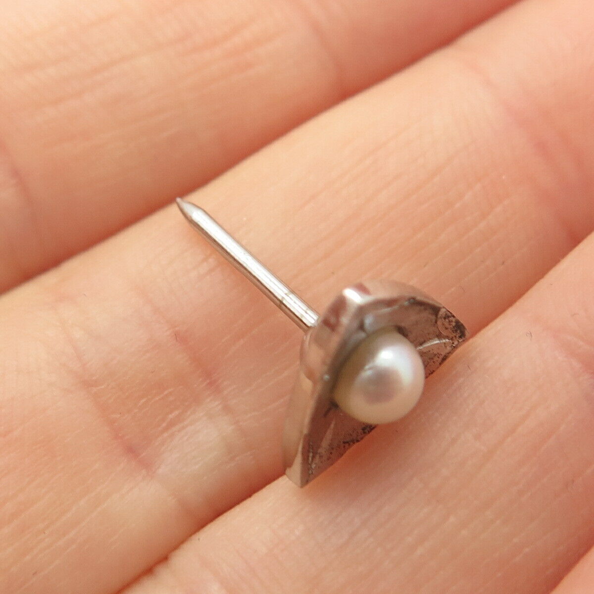 925 Sterling Silver Vintage Real Pearl Triangle Pin