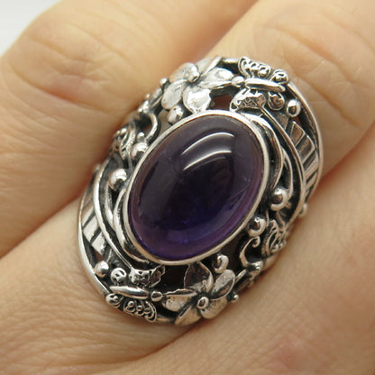 925 Sterling Silver Real Amethyst Gemstone Floral Ring Size 5 3/4