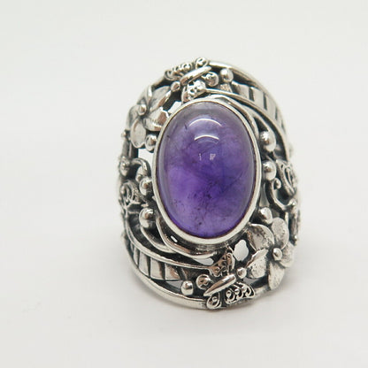 925 Sterling Silver Real Amethyst Gemstone Floral Ring Size 5 3/4