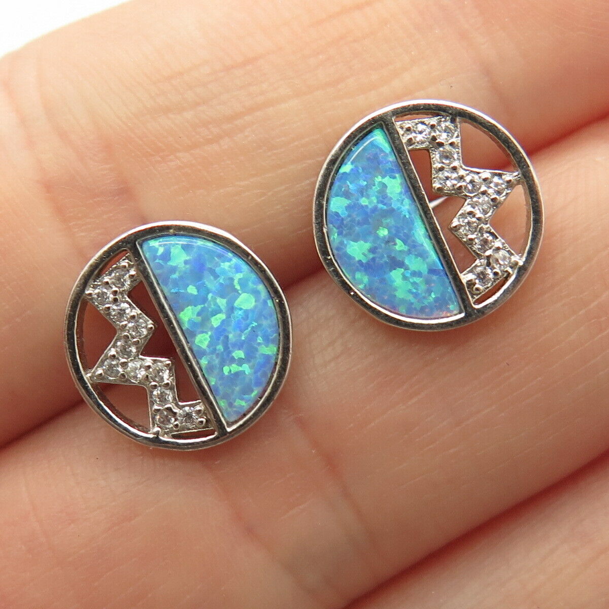 925 Sterling Silver C Z & Opal Imitation Round Stud Earrings