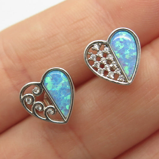 925 Sterling Silver C Z & Opal Imitation Heart Stud Earrings