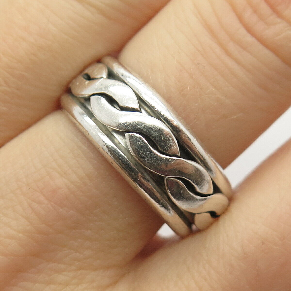 925 Sterling Silver Vintage Mexico Braided Rotating Wide Band Ring Size 10 1/4