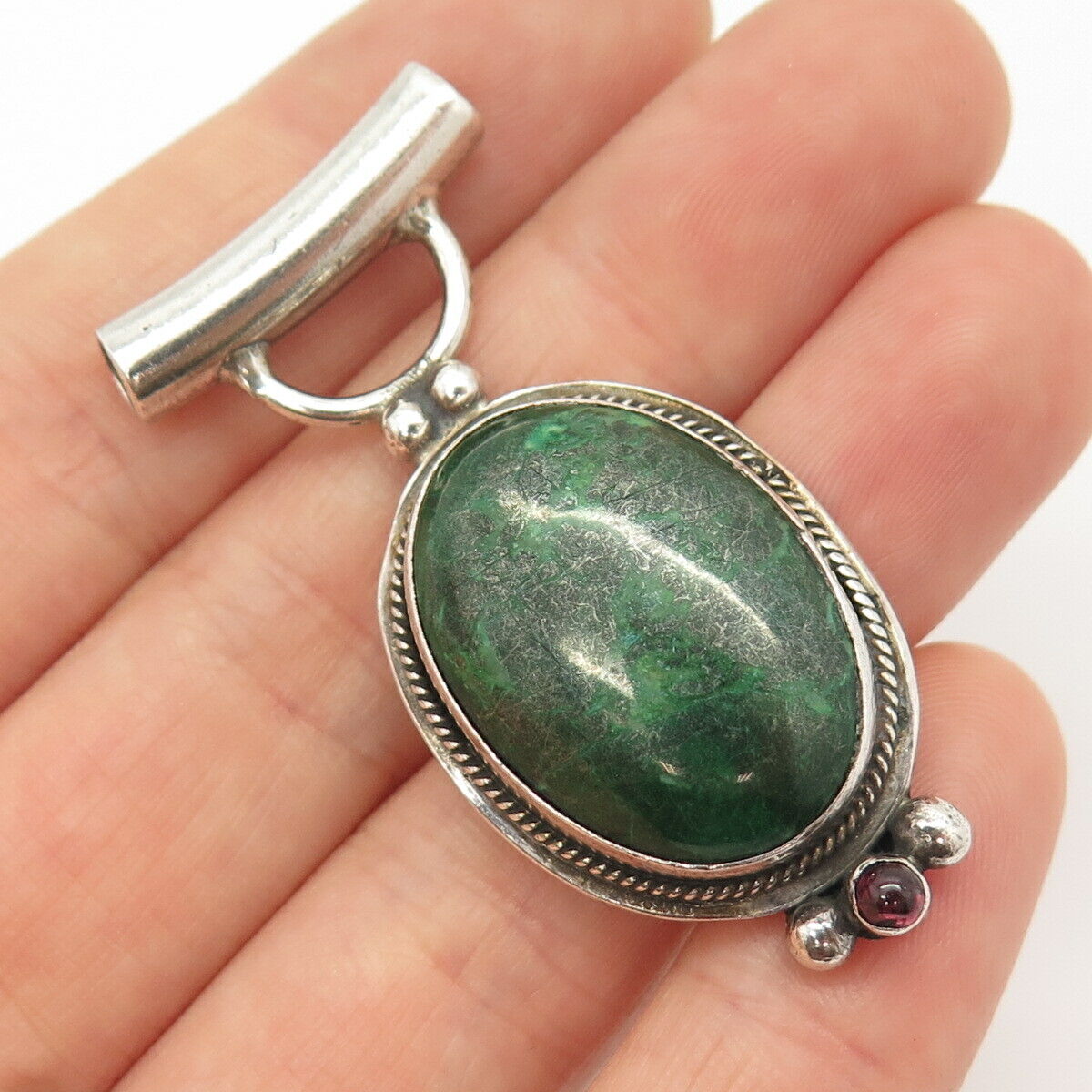 925 Sterling Silver Vintage Real Malachite & Amethyst Gemstone Slide Pendant