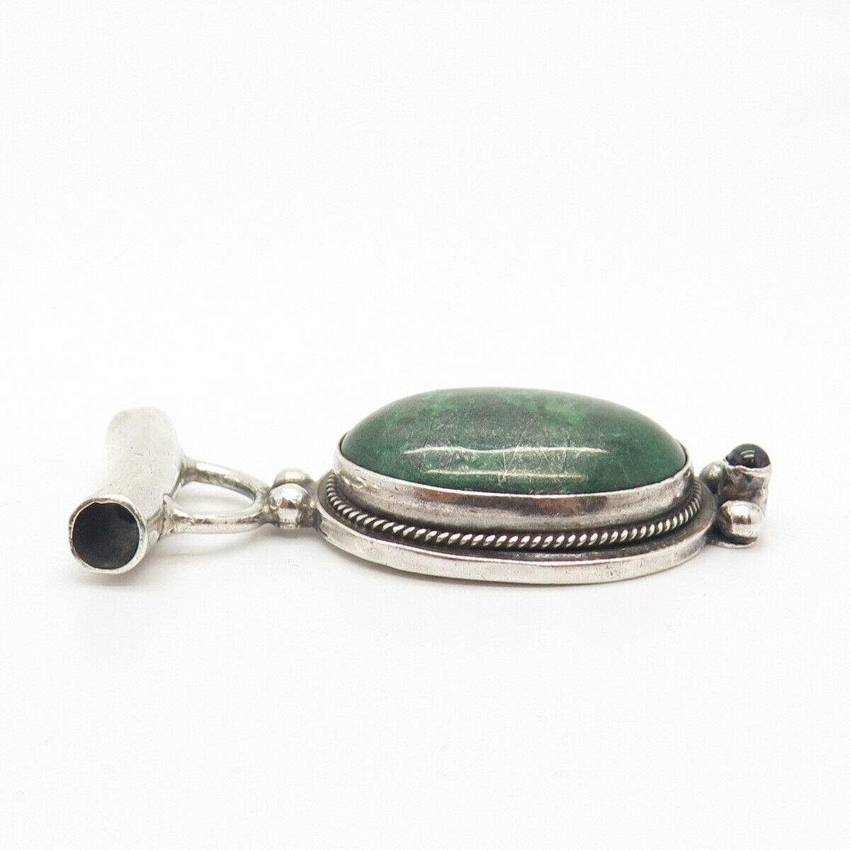 925 Sterling Silver Vintage Real Malachite & Amethyst Gemstone Slide Pendant