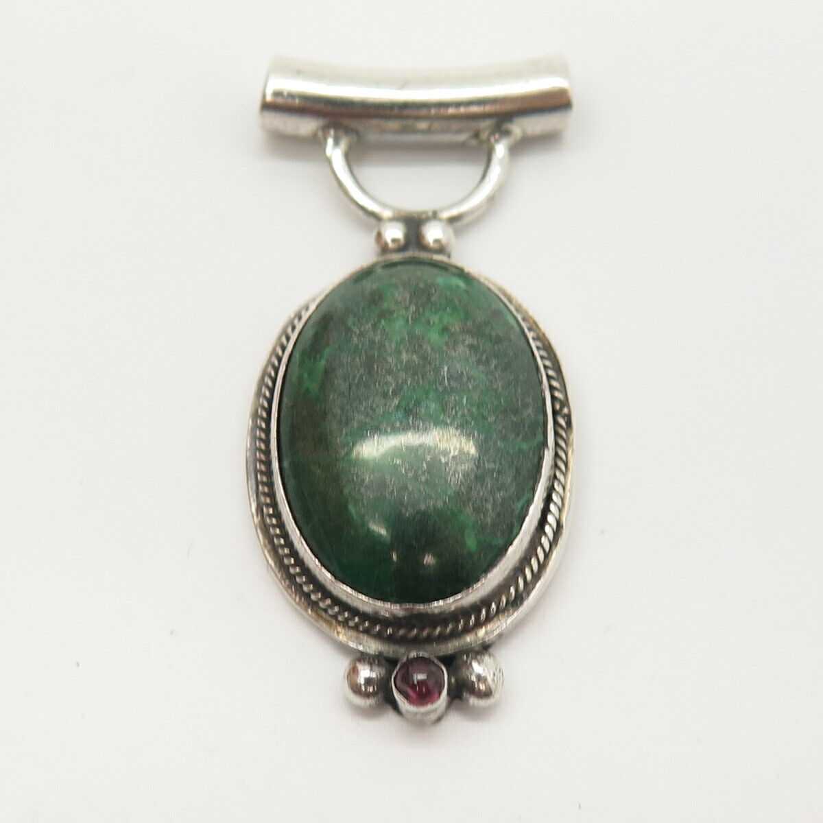 925 Sterling Silver Vintage Real Malachite & Amethyst Gemstone Slide Pendant