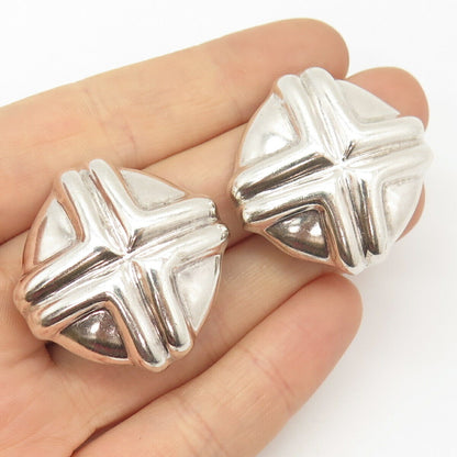 925 Sterling Silver Vintage Mexico Ribbed Cross Hollow Clip On Earrings