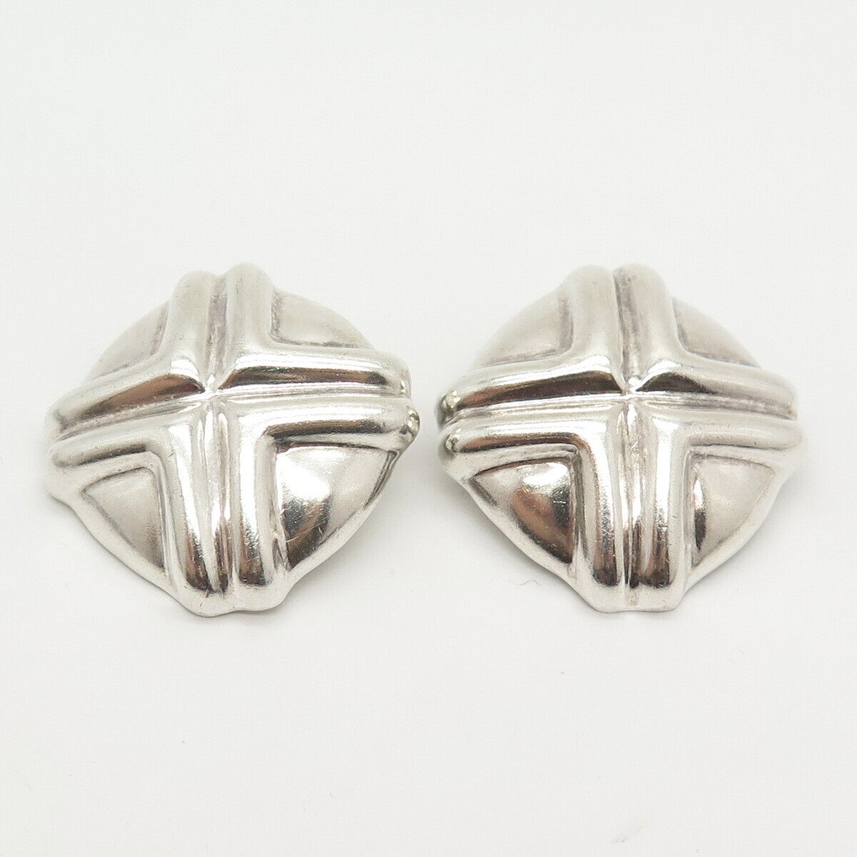 925 Sterling Silver Vintage Mexico Ribbed Cross Hollow Clip On Earrings