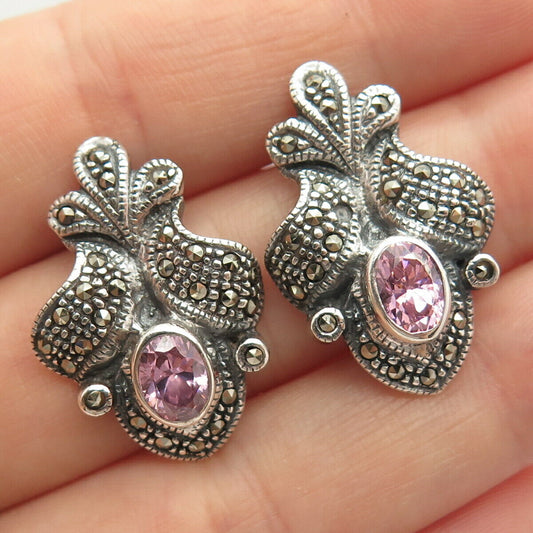 925 Sterling Silver Vintage Marcasite Gem & Pink C Z Earrings