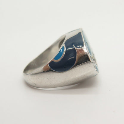 925 Sterling Silver White Blue C Z & Enamel Signet Ring Size 7