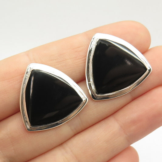 925 Sterling Silver Real Black Onyx Gemstone Triangle Earrings