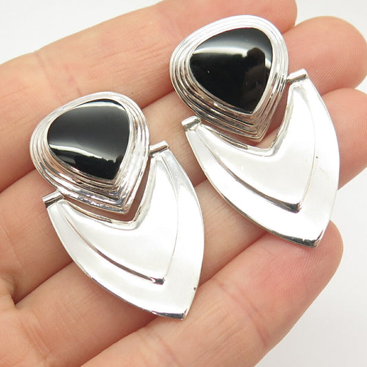 925 Sterling Silver Real Black Onyx Gem Abstract Heart Dangling Earrings