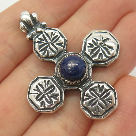 925 Sterling Silver Vintage Real Lapis Lazuli Gemstone Cross Pendant