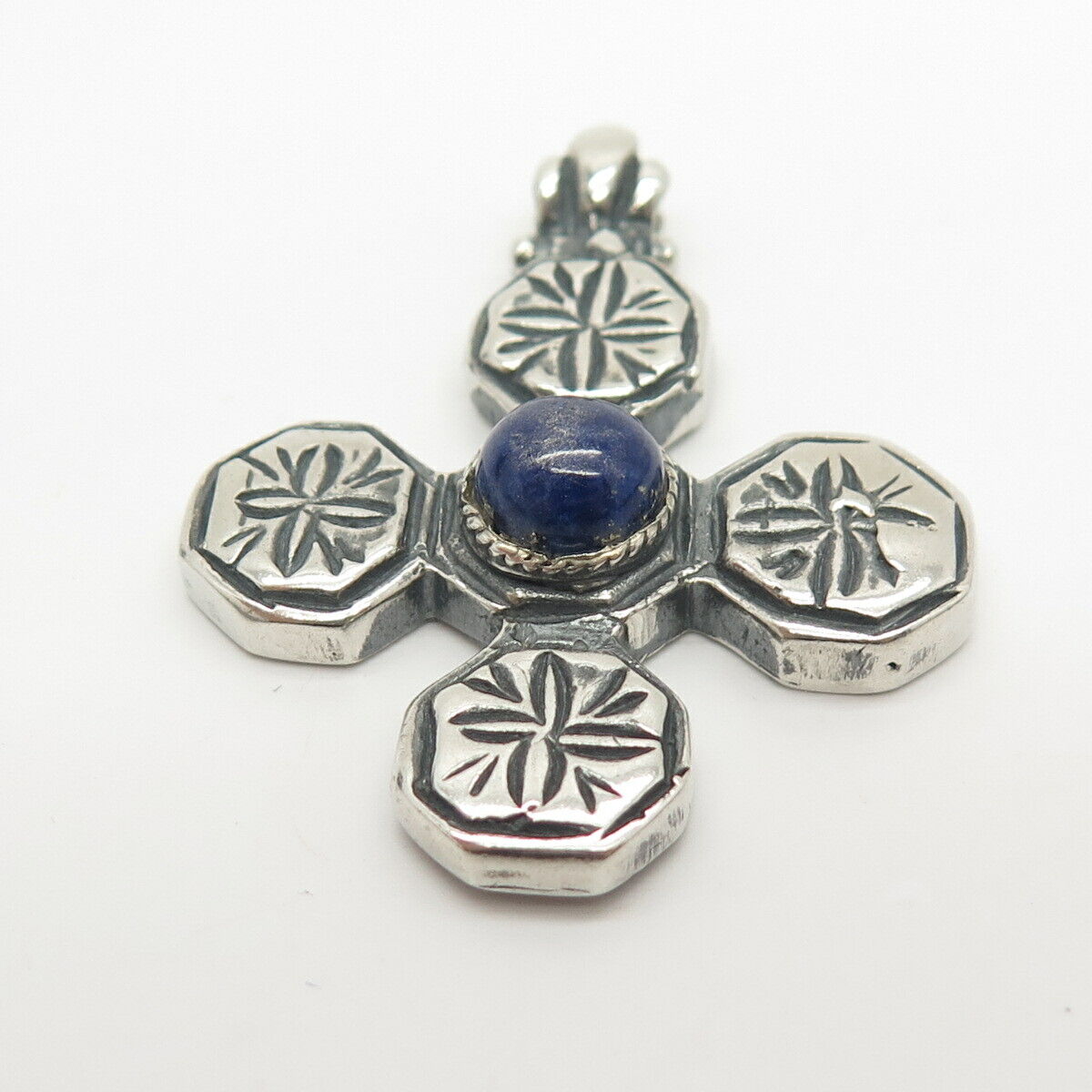 925 Sterling Silver Vintage Real Lapis Lazuli Gemstone Cross Pendant