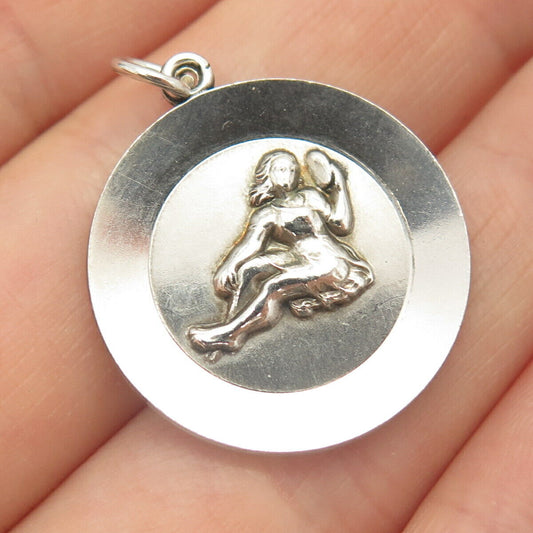 925 Sterling Silver Vintage Sitting Lady / Girl Round Pendant