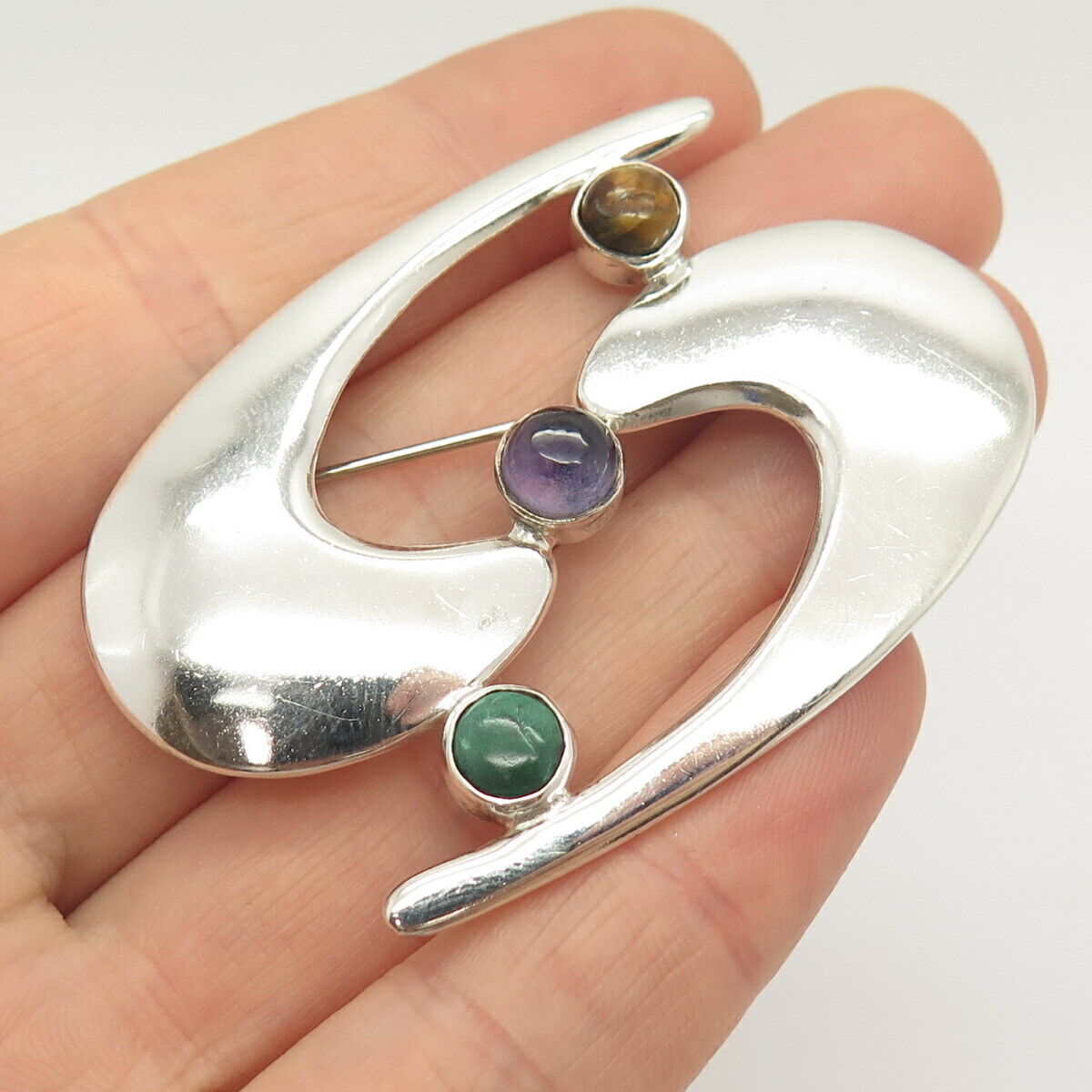 925 Sterling Silver Vintage Mexico Malachite Tiger Eye Amethyst Gem Pin Brooch