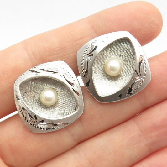 925 Sterling Silver Vintage Real Pearl Etched Cufflinks